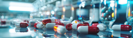 A Clinical trial phases visualized through digital models, medication samples in focus, laboratory setting.の素材