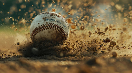A close-up of a baseball on the ground captures a dynamic moment of impact, with dirt flying around in a powerful burst.の素材