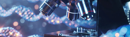 A Biotechnology research on a molecular level, samples under a microscope with digital analysis, copy space.の素材