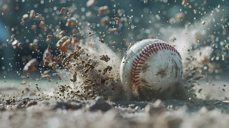 A close-up of a baseball on the ground captures a dynamic moment of impact, with dirt flying around in a powerful burst.の素材