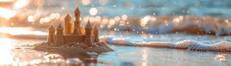 A detailed sandcastle stands on a sunny beach, with waves gently lapping the shore in the background.の素材