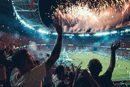 A Football fans are engrossed in the action, showing their passion and support in a bustling stadium atmosphere.の素材