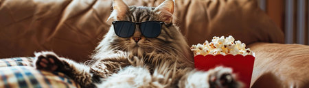 A fluffy cat wearing sunglasses is humorously engrossed in a movie, with a box of popcorn at the ready.の素材