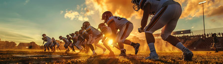 A Football players face off on the field, showcasing intensity and team spirit during a game at sunset.の素材