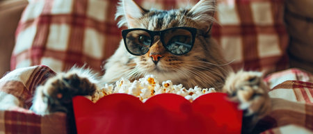 A fluffy cat wearing sunglasses is humorously engrossed in a movie, with a box of popcorn at the ready.の素材