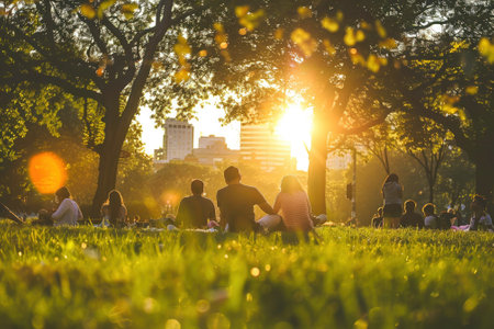 A People unwind on the grass of a city park during a calm and hazy summer sunset, enjoying the outdoors.の素材