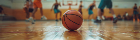 A solitary basketball rests on a polished hardwood court, with blurred players in the background engaging in a heated match.の素材