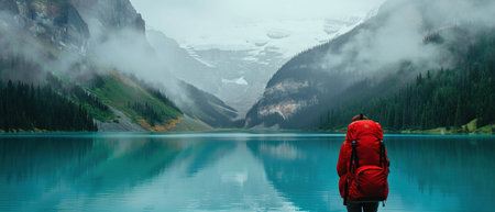 A solitary backpack stands against the backdrop of a breathtaking alpine mountain lake, symbolizing adventure and exploration.の素材