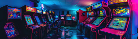 A vibrant retro arcade room glows with neon lights, inviting players to step back in time and enjoy classic video games.の素材