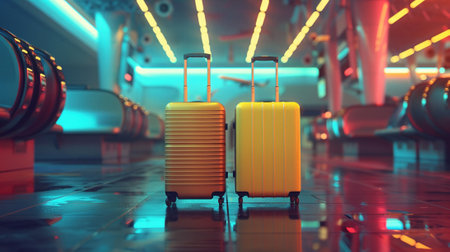 A Two suitcases stand side by side, ready for an adventure, in the glowing ambiance of an airport terminal.の素材