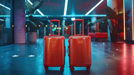 A Two suitcases stand side by side, ready for an adventure, in the glowing ambiance of an airport terminal.の素材