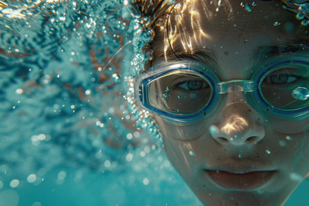 An underwater shot captures a focused swimmer wearing goggles, gliding through the clear blue water of a swimming pool.の素材