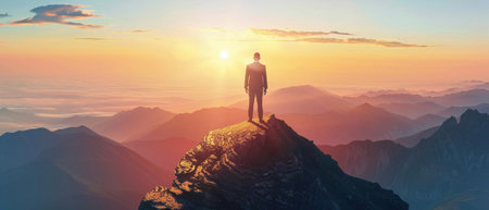 A businessman stands on a mountain summit, gazing into the horizon as the sun sets on the vast landscape before him.の素材