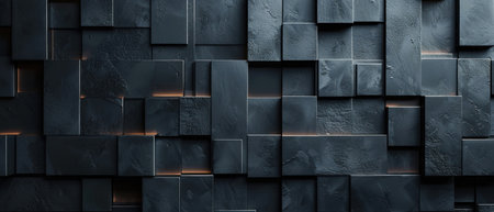 A black abstract geometric wall creating a 3D effect with dramatic lighting and shadow.の素材