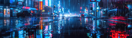 A Panoramic view of a neon-lit urban cityscape reflecting on wet surfaces at night.の素材