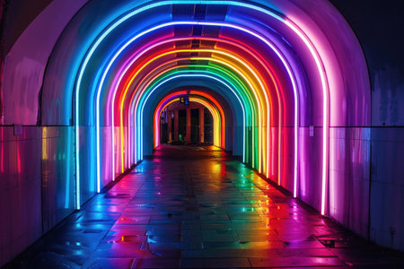 A tunnel illuminated by neon rainbow light arches presents a mesmerizing walkway, drawing the viewer into a corridor of vibrant colors.の素材