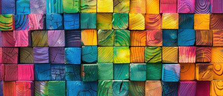 An array of colorful abstract wooden blocks creating a vibrant and textured background.の素材