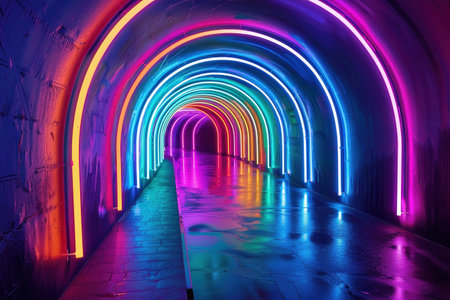 A tunnel illuminated by neon rainbow light arches presents a mesmerizing walkway, drawing the viewer into a corridor of vibrant colors.の素材