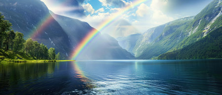 A majestic double rainbow arches over a serene mountain lake with lush greenery.の素材
