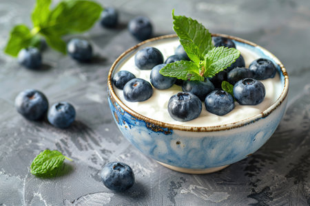 A bowl of creamy yogurt topped with fresh blueberries and mint, a healthy and delicious snack or breakfast option.の素材