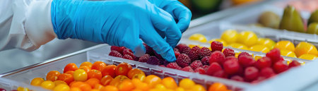 A laboratory technician in gloves preparing colorful fruit samples in a clinical research facility, focusing on food quality and safety.の素材