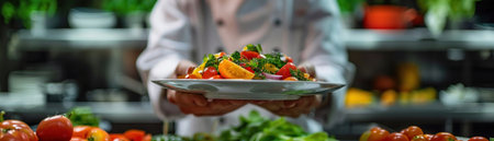A Professional chef showcasing a beautifully arranged colorful salad on a plate, ready to serve.の素材
