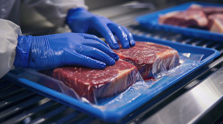 A food safety inspector wearing blue gloves examines vacuum-packed beef steaks on a blue tray in a sanitary inspection environment.の素材