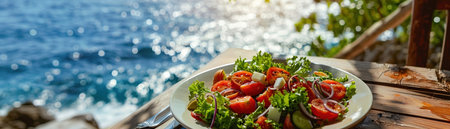 A picturesque setting of a fresh Mediterranean salad served on a wooden table overlooking a serene sea view.の素材