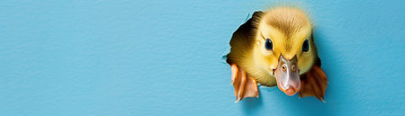 A newborn duckling peeks curiously through a hole against a vivid blue background.の素材