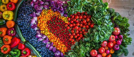 A heart-shaped display of colorful fresh vegetables, artistically arranged, symbolizing love for healthy eating and nutrition.の素材