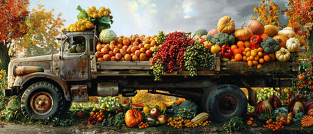 A truck loaded with an abundance of fresh fruits and vegetables, symbolizing bountiful harvest and farm to table freshness.の素材