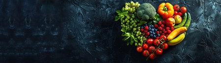 A heart-shaped arrangement of fresh fruits and vegetables on a dark background, symbolizing love for a healthy diet.の素材