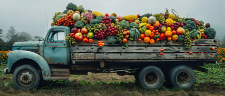 A truck loaded with an abundance of fresh fruits and vegetables, symbolizing bountiful harvest and farm to table freshness.の素材
