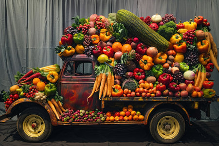 A truck loaded with an abundance of fresh fruits and vegetables, symbolizing bountiful harvest and farm to table freshness.の素材