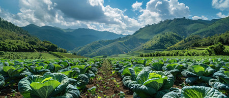 An Expansive green cabbage field flourishing in a scenic mountain valley, showcasing sustainable agriculture and farming.の素材