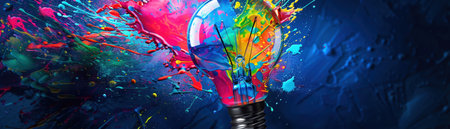 A light bulb bursts with vibrant paint splashes, illustrating a dynamic explosion of creativity.の素材