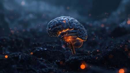 A digital representation of a human brain illuminates the dark, symbolizing artificial intelligence and neural networks.の素材