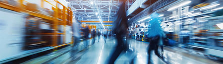 A Blurry motion of busy workers walking in a modern high-tech manufacturing factory.の素材