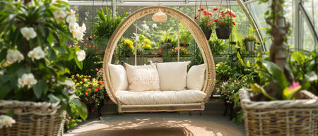 A cozy swing adorned with cushions inside a greenhouse surrounded by blooming plants, offering a perfect nook for relaxation.の素材
