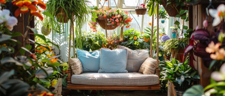 A cozy swing adorned with cushions inside a greenhouse surrounded by blooming plants, offering a perfect nook for relaxation.の素材