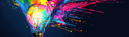 A light bulb bursts with vibrant paint splashes, illustrating a dynamic explosion of creativity.の素材