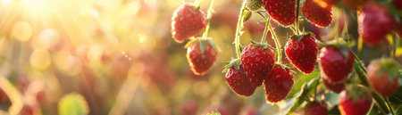 A Fresh strawberries glisten in the morning sunlight, ripe for the picking in a lush home garden setting.の素材