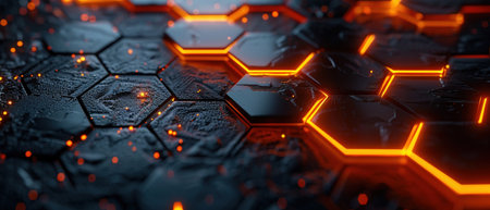 An Abstract background featuring a hexagonal pattern with glowing orange accents on a dark surface.の素材
