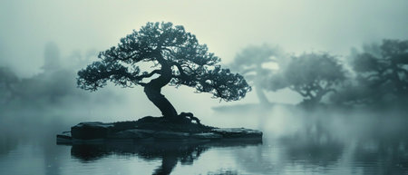 An intricate silhouette of a bonsai tree is set against the backdrop of a misty, tranquil Japanese garden.の素材