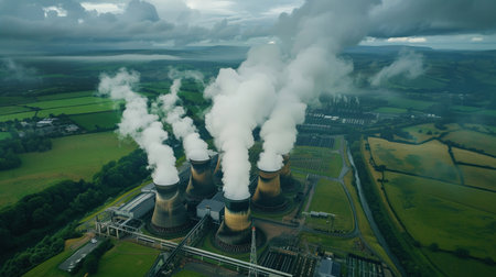 An Emissions billow from cooling towers at an industrial power plant amidst a green landscape from above.の素材