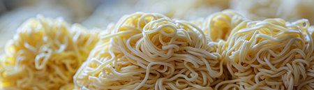 A Close-up of a pile of fresh uncooked egg noodles, a staple ingredient in many Asian dishes.の素材