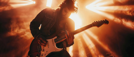 A guitarist immersed in his music under the spotlight on stage, showcasing the passion and energy of a live performance.の素材