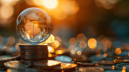 A glass globe rests on stacks of coins against a warm, bokeh light background, symbolizing global trade and economics.の素材