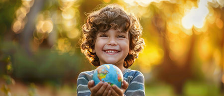 A joyful child holding a small globe in his hands with a beaming smile, symbolizing hope and the future of our planet.の素材