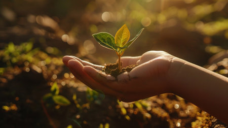 A gentle hand cradles a young plant seedling bathed in sunlight, symbolizing care, growth, and sustainable development.の素材
